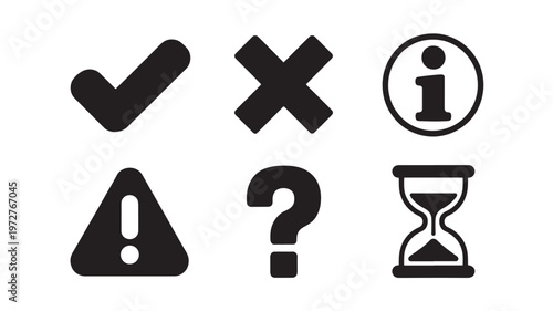 Black icons of checkmark, cross, information, warning, question, and hourglass for decision making and time concepts On Transparent Background