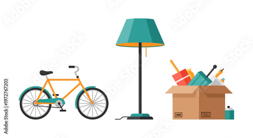 Modern flat design: bicycle lamp and moving box with household items