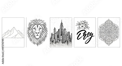 line art style illustrations of mountain, lion, city, flower and mandala isolated on background