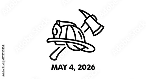 line art firefighter helmet and axe isolated on background