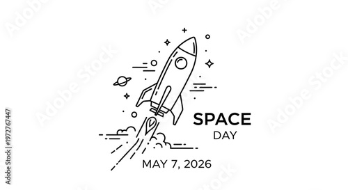 Hand-drawn rocket launching on Space Day May 7 2026 celebration badge isolated on background