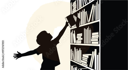 Silhouette of child reaching for book on bookshelf, education and learning concept, kid exploring library, reading and discovery