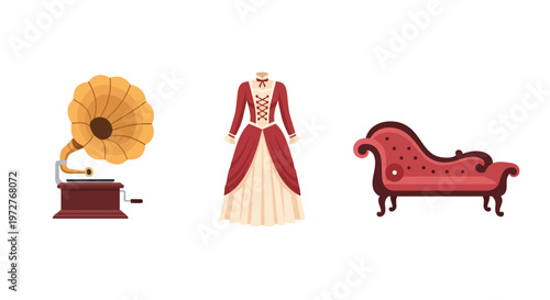 Vintage collection: phonograph victorian dress and elegant chaise