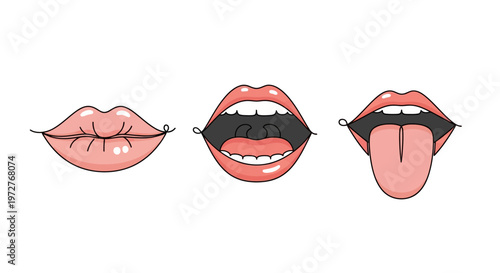 Lip expressions: smiling open mouth and tongue out in cartoon style