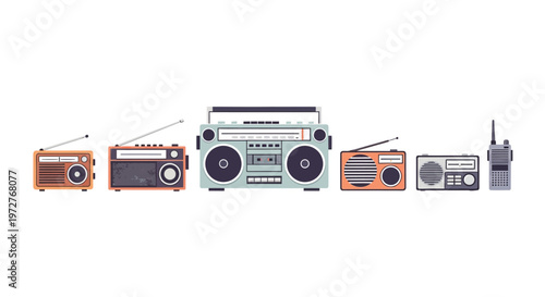 Retro radio collection: vintage devices in flat style with boombox