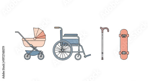 Mobility and transport icons: stroller wheelchair cane and skateboard