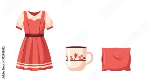 Vintage dress floral mug and fabric pillow on white background