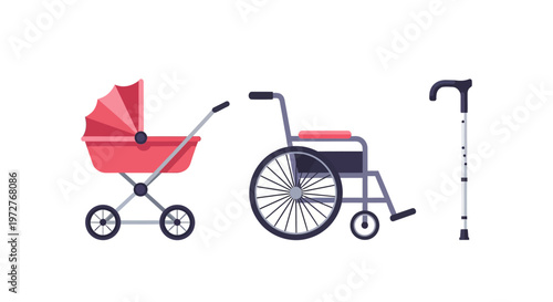 Baby carriage wheelchair and walking cane in modern flat design
