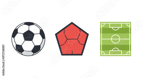 Minimalist soccer icons: ball field and pentagonal design elements