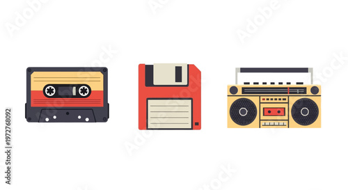Retro tech icons: cassette floppy disk and boombox in flat design