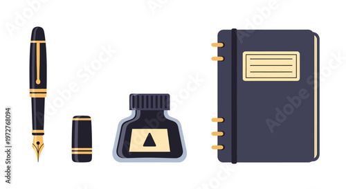 Elegant writing set with fountain pen ink bottle and notebook