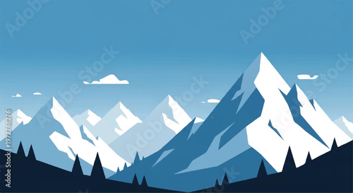 Snowy mountains landscape. Mountains covered with snow. Mountain range and blue sky. Vector illustration.