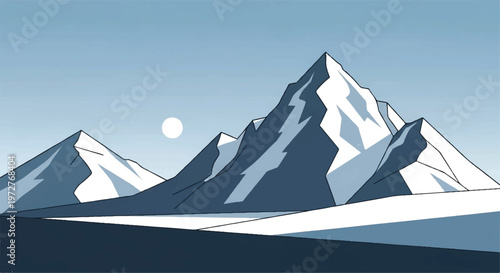 Snowy mountains landscape. Mountains covered with snow. Mountain range and blue sky. Vector illustration.