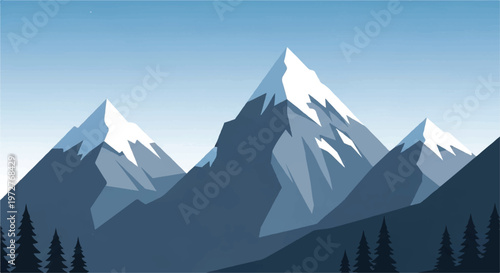 Snowy mountains landscape. Mountains covered with snow. Mountain range and blue sky. Vector illustration.