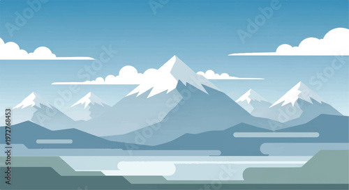 Snowy mountains landscape. Mountains covered with snow. Mountain range and blue sky. Vector illustration.