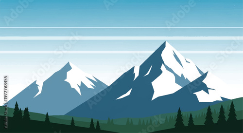 Snowy mountains landscape. Mountains covered with snow. Mountain range and blue sky. Vector illustration.