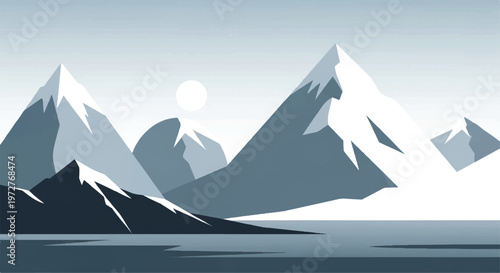 Snowy mountains landscape. Mountains covered with snow. Mountain range and blue sky. Vector illustration.