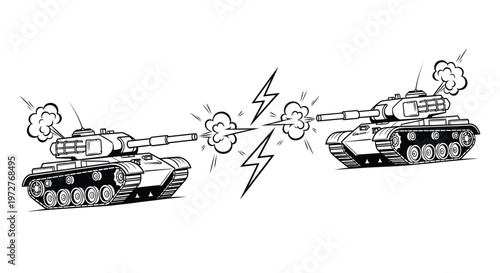 Two military tanks engage in combat, firing projectiles and creating explosive energy bursts signifying conflict and armored warfare.