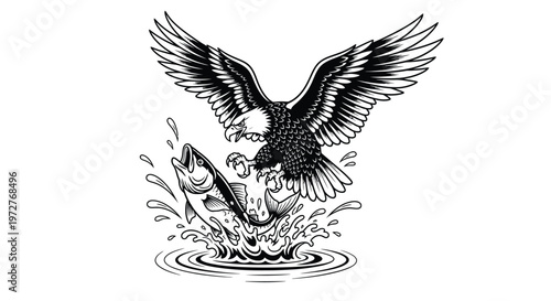 Eagle swoops down to catch a leaping fish in midair with water splashing around them.