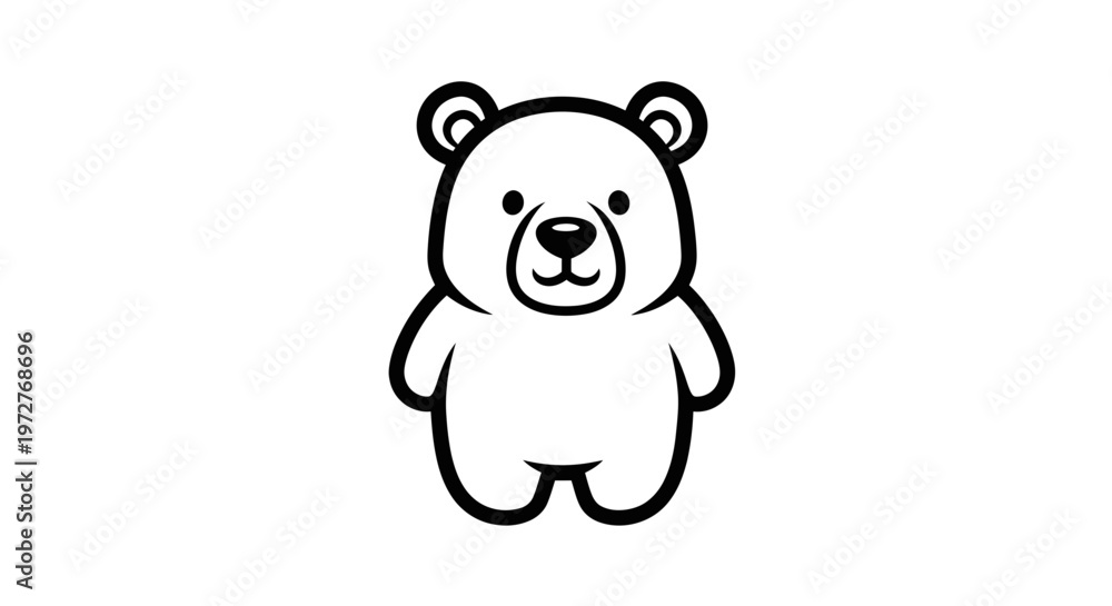 Obraz premium Cute cartoon bear illustration, simple line art, black and white, isolated on white background.