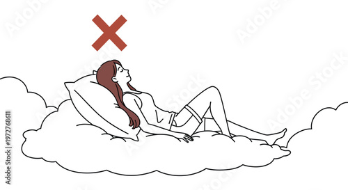 Woman relaxing on fluffy clouds, representing dreams and peaceful sleep.