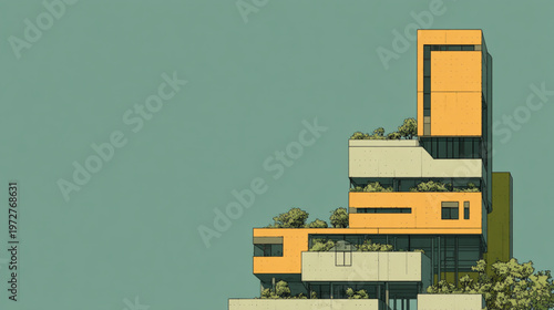 Modern Multi-Storey Building With Green Roofs And Balconies On Solid Background For Architecture Concepts