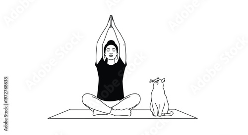 A person meditating in a yoga pose with a cat beside them, promoting wellness and harmony.