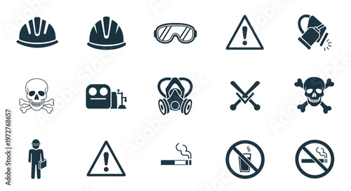 Industrial safety icons, including hard hats, goggles, warning signs, skulls, gas masks, and prohibition signs advise caution.