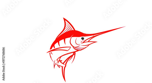 Red Marlin Fish Silhouette Jumping Out of Water, Sport Fishing Icon