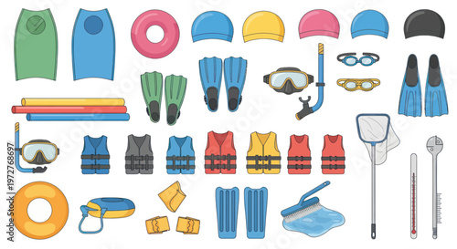 Swimming Gear Collection: Flippers, Goggles, Life Vests, Caps, and More
