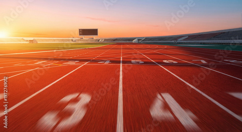 Sunrise stadium running track with numbered lanes, warm golden light, competitive sports atmosphere and athletic race starting line