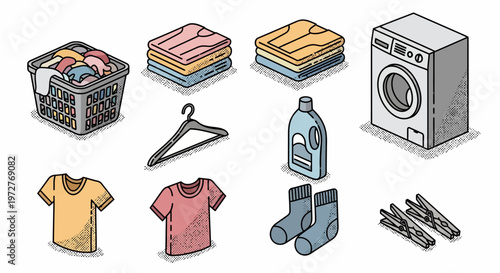 Laundry essentials icons: isometric style clothes, detergent, and washing machine