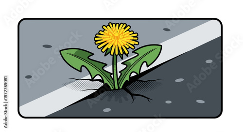 Resilient dandelion breaking through asphalt in comic style