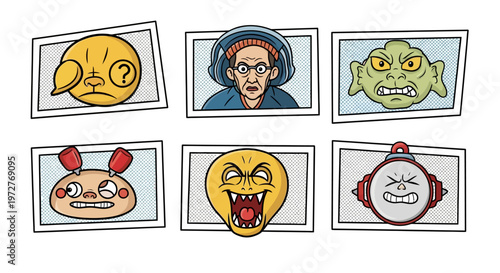 Cartoon pop art style expressions with quirky character faces