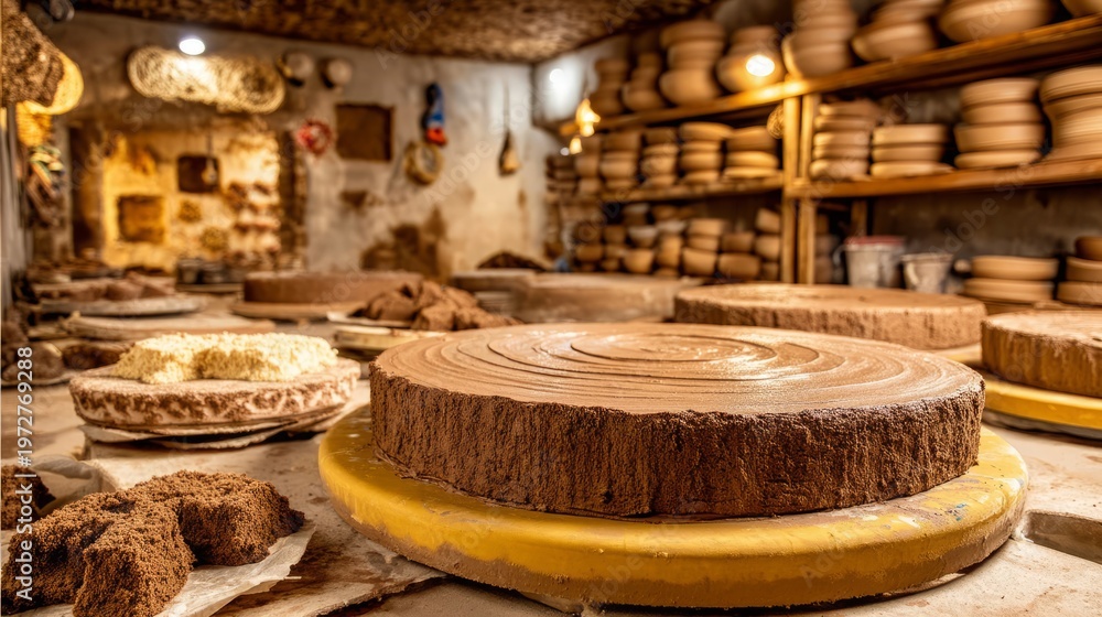 Fototapeta premium Pottery Workshop with Clay Platform Surrounded by Shelves of Crafts