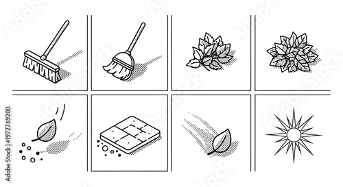 Set of cleaning tools and nature elements in black and white outline style