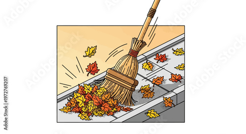 Autumn scene: broom sweeping colorful fall leaves on a sidewalk