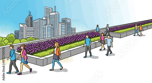 Urban skyline and people walking in park with flowerbeds in comic style