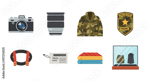 Camera and military icons in modern flat design for museums and collections