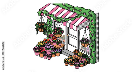 Charming isometric flower shop with vibrant pots and hanging decor