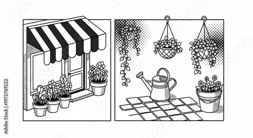 Charming outdoor garden scenes with vintage pop art style