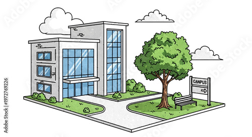 Modern campus building with green landscape and cloudy sky