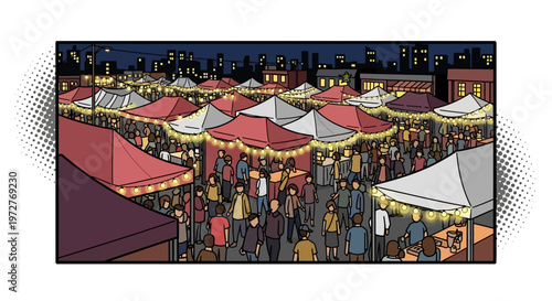 Night market festivity with colorful canopies and cityscape background