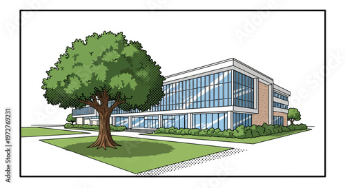 Modern office building in comic style with green landscape