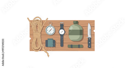 Camping essentials flat design: rope, compass, watch, canteen, camera, knife