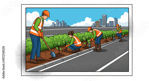 Urban workers planting greenery along city roadside in comic book style