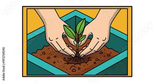 Hands nurturing seedling in soil: vibrant pop art depiction of plant growth and care