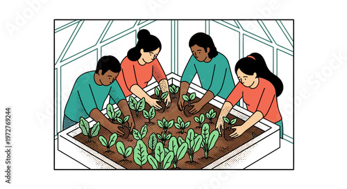 Teamwork in gardening: diverse group cultivating plants in greenhouse
