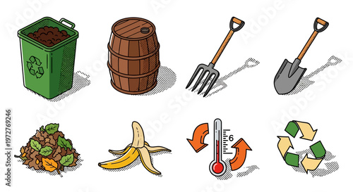 Sustainable garden tools and composting concepts in vintage comic style