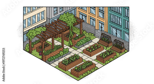 Modern urban rooftop garden with raised beds and trellis in isometric style